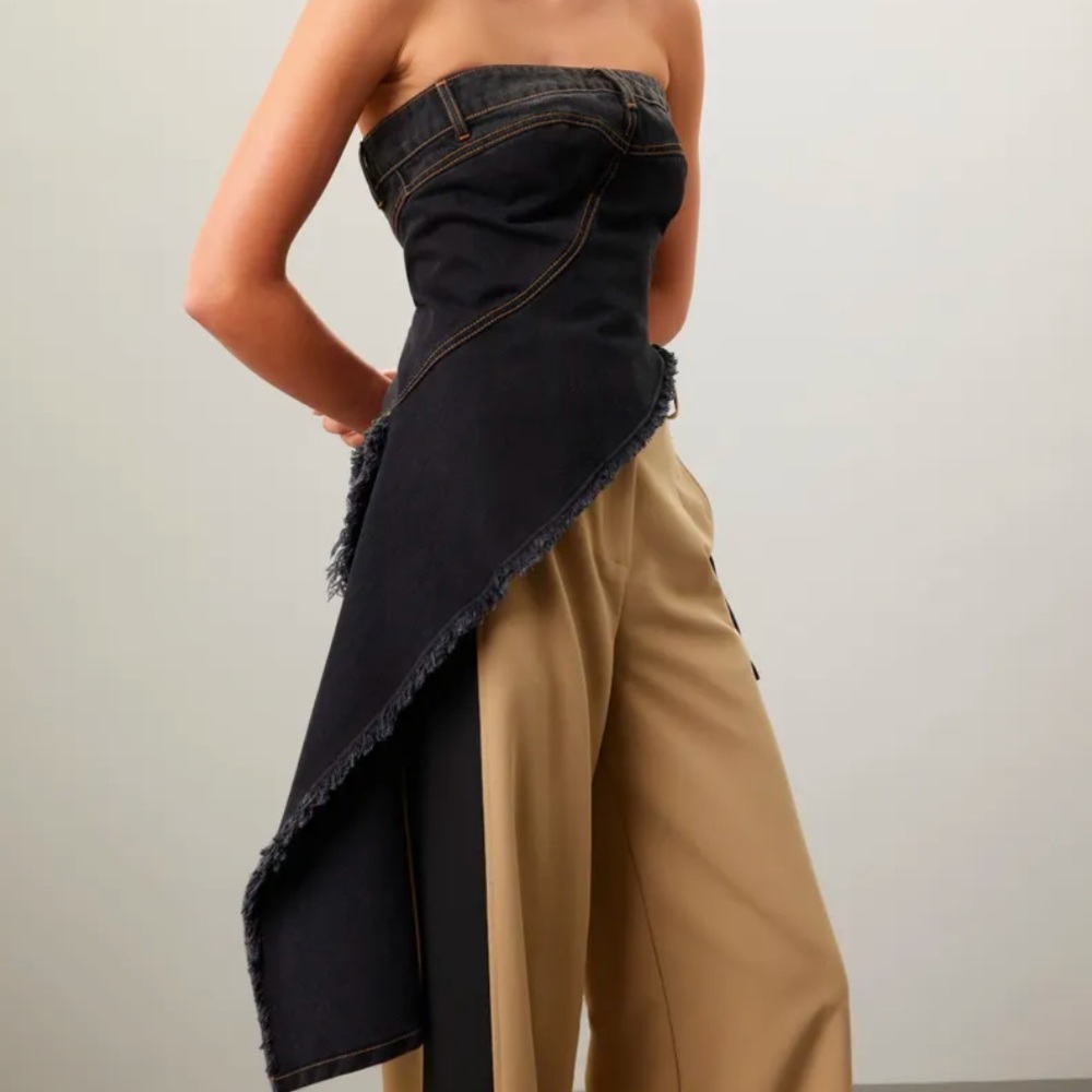 MONSE Black Strapless Asymmetric Denim Bustier Top